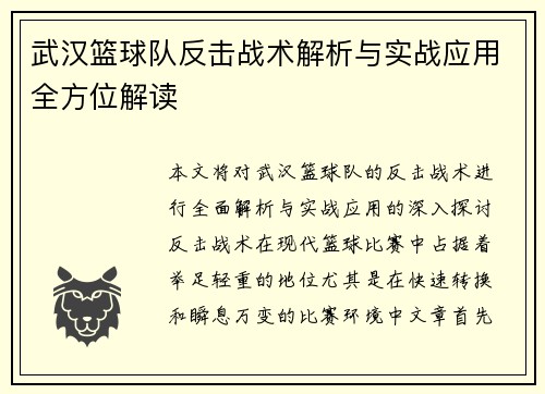 武汉篮球队反击战术解析与实战应用全方位解读
