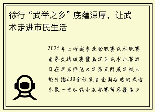 徐行 “武举之乡” 底蕴深厚，让武术走进市民生活